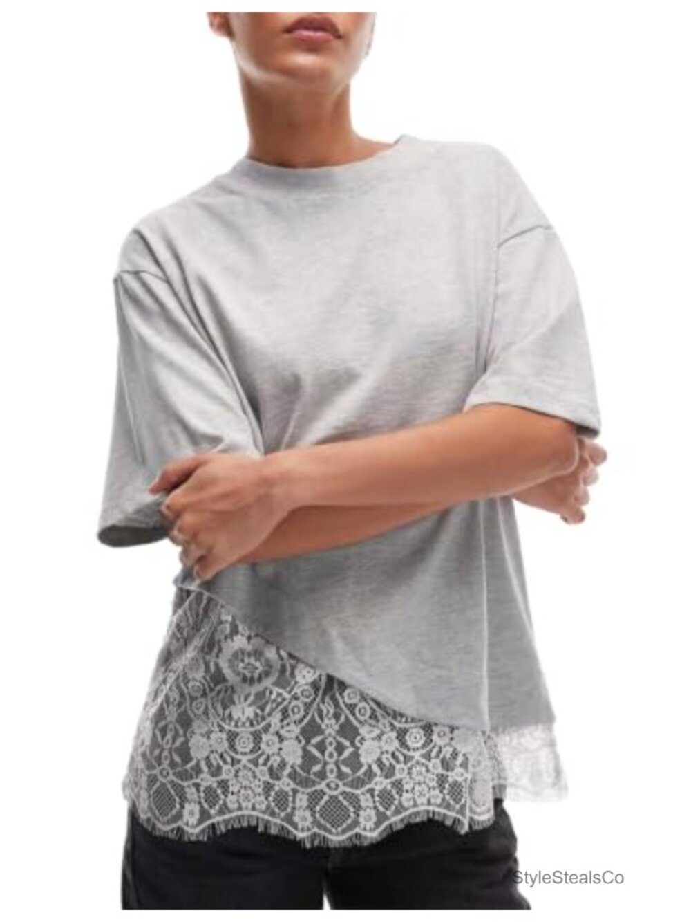 Women's Lace Hem Patchwork T-Shirt Short Sleeve Cotton Crewneck Top